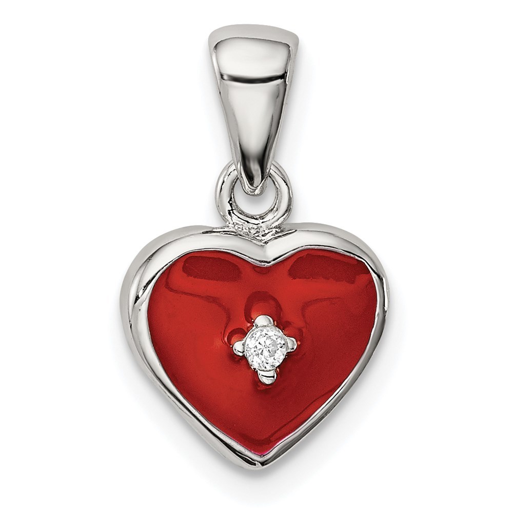 925 Sterling Silver Rhodium Plated Red Enamel CZ Heart Necklace Charm Pendant